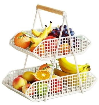 Panier à Fruits et légumes à 2 Niveaux avec poignée en Bois
