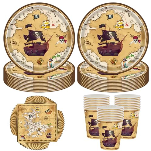 Set di 60 stoviglie da festa dei pirati, piatti per feste di compleanno, stoviglie pirata, set di stoviglie per feste di compleanno per 20 ospiti