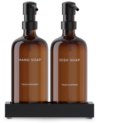Kitchen Soap Dispenser Set with Tray - Hand and Dish Soap Dispenser for Kitchen,Modern Kitchen Decor & Accessories. (Amber)
