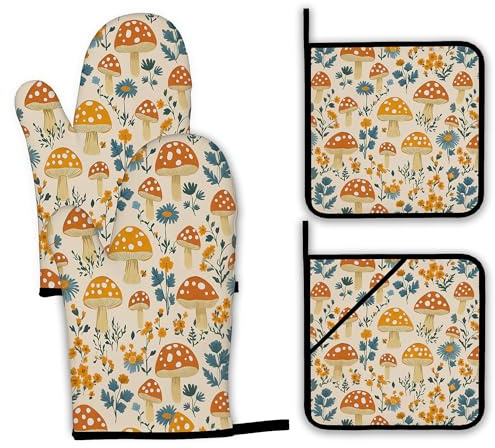 Cute Mushroom Forest Oven Mitts and Pot Holders,Floral Flower Heat Resistant Oven Mitts Gloves and Pot Holder for Home Kitchen Decorations Cooking Baking BBQ Gifts,Set of 4