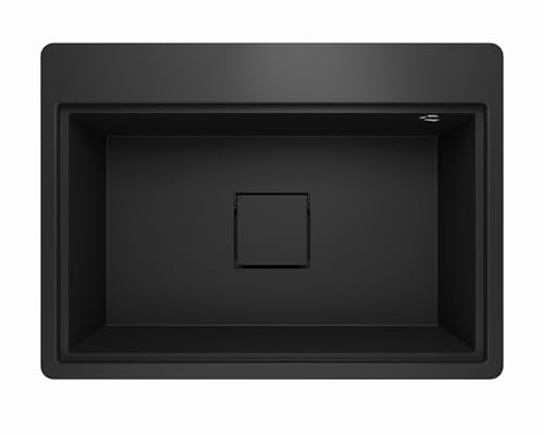 Lavello Spülbecken Granit Schwarz – Tiefe Einbauspüle 68x49,5 cm – Platzsparend, Pflegeleicht, Reversibel, Küchenspüle 1 Becken – mit Zubehörablage & verdecktem Ablauf – inkl. Siphon