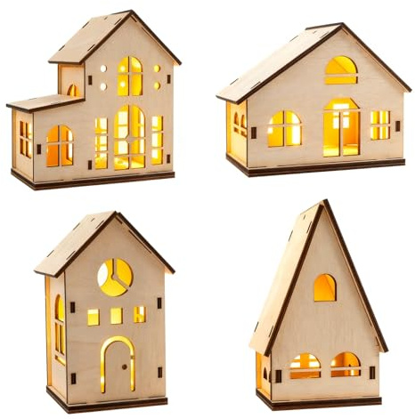 Aitsite LED Holz Weihnachtshaus, Miniatur Haus Deko, Weihnachtsdeko Holz Haus mit LED Leucht Beleuchtet Tischdeko, Adventsdeko Dekorationen für Weihnachten DIY Holzhütte Ornamente für Weihnachtsbaum