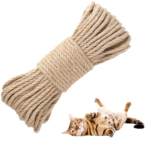 SANNIX Hemp Rope, 6mm (60 M/ 196 Feet) Thick Scratch Post Rope Strong Natural Jute, Sisal Ropes for Cat Scratcher/Garden Bundling, Repair Cat Tree