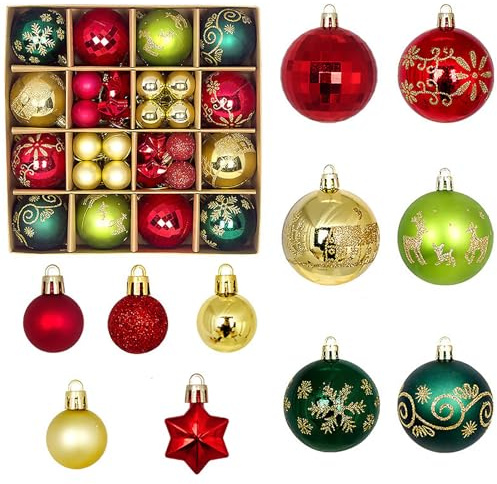 Qaestuan 44 Stücke Weihnachtskugeln 6cm und 3cm Christbaumkugeln Set | Plastik Weihnachtskugeln Funkelnd Weihnachtsbaumschmuck für Baum Fenster Garten Party (Rot Grün Gold)