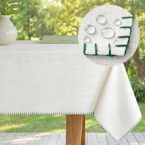 HushLoom Tischdecke Leinenoptik 140 x 215 cm Dunkelgrün Leinentischdecke Frühling Abwaschbar Wasserabweisend mit Lotuseffekt Eckig Tischtuch für Garten Balkon Esszimmer und Wohnzimmer Stilvoll Elegant