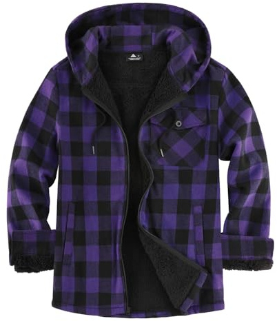 geeksport Men's Fleece Flannel Jacket Full Zip Padded Lumberjack Warm Plaid Hoodies with Sherpa Lining Winter Coat for Outdoor & Casual Wear