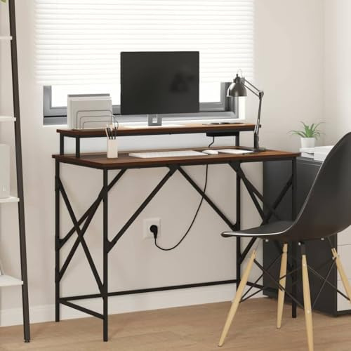 Qnhdfrt Schreibtisch 100x50cm Braune Eiche Holzwerkstoff mit LED Beleuchtung Regal und Ladestation Modernes Ergonomisches Gaming Schreibtisch für Home Office Jugendzimmer und Büro