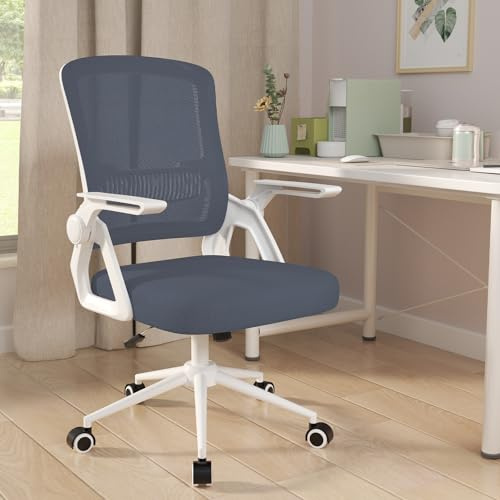 naspaluro Bürostuhl Ergonomisch mit Hochklappbare Armlehnen Hellgrau | Schreibtischstuhl , Drehstuhl mit Netzbespannung, Lordosenstütze, Höhenverstellbarer, Wippfunktion, Gepolstertem Sitzkissen