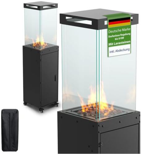 Gartenzeit Gas-Terrassenheizer mit Glaszylinder, 8 kW Heizstrahler für Terrasse & Garten, Heizpilz mit Kippschutz & Flammensensor, 36 × 36 × 140,5 cm