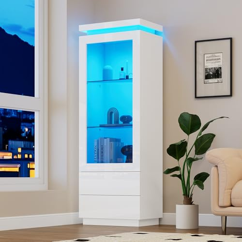 Ligterra 60 * 40 * 171 cm Vitrine, Vitrinenschrank mit 2 Schubladen, Glasvitrine Stehend mit LED-Beleuchtung, Wohnzimmer Schrank mit Glastüren und Klapptür für Wohnzimmer/Schlafzimmer(Weiß)