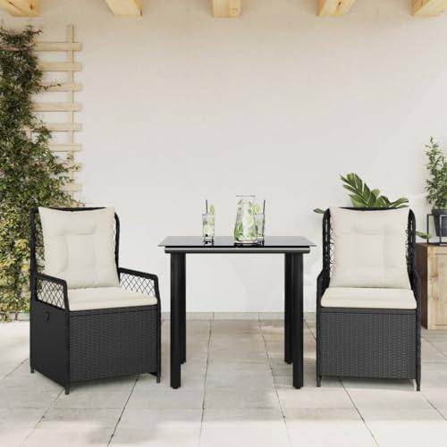 Yunovire 3-TLG. Garten-Essgruppe Schwarz Poly Rattan, Verstellbare Relaxsessel mit Cremeweißen Kissen, 80x80cm Glastisch für Terrasse, Balkon, Außenbereich