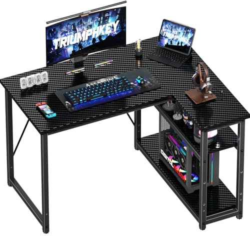 TRIUMPHKEY 100 * 80cm L Shaped Gaming Desk with Reversible Large Storage Shelves, Computer Desk Workstation Matching Under Desk Height Adjustable Storage, Home Office, Carbon Fibre Black