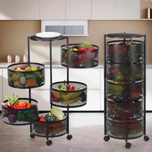 Oyajia Kitchen Basket 5 Tier Round Layered Shelf Storage Rack Rotating Moveable Vegetable Fruit Basket Shelves Black, Perfect for Pantry, Bathroom, or Living Room (5 - Tier)