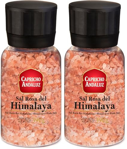 Capricho Andaluz - Molinillo Sal Rosa del Himalaya 390g - Sal Gema Mineral Natural, Rica en Minerales, Perfecta para Carnes, Verduras y Platos Gourmet (Paquete de 2)