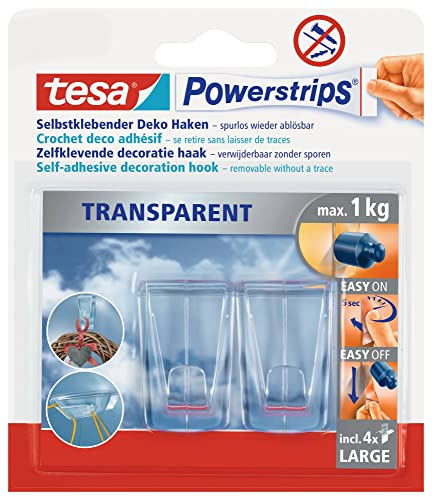 TESA Powerstrips - Lote de 2 ganchos decorativos con 4 lengüetas (tamaño grande), transparente