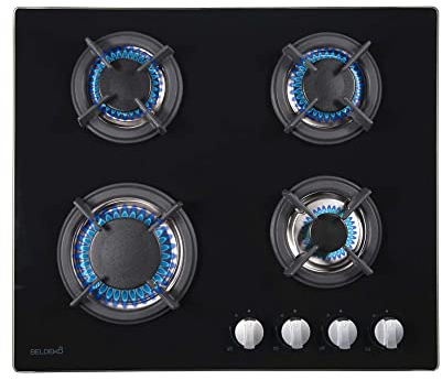 BELDEKO - Plaque de cuisson gaz 4 feux verre noir - 7500W - Grille fonte