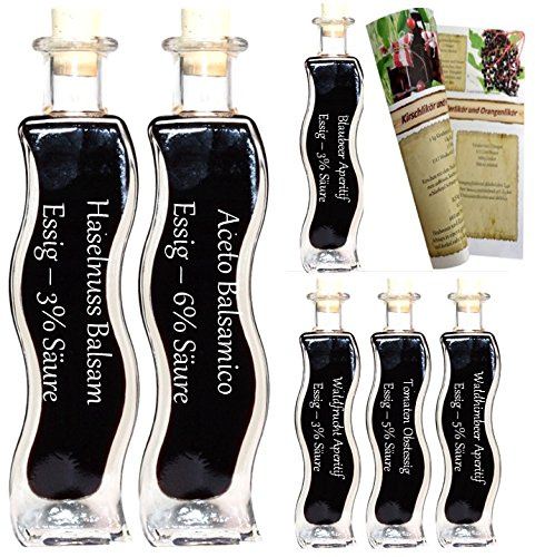 Geschenkset & Probierset | 6 x 100ml Essig | Aceto Balsamice - Haselnuss Balsam - Blaubeer Aperitif - Waldfrucht Aperitif - Tomaten Essig -Himbeer Aperitif | mit Rezeptbroschüre