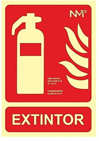 Señal extintor | Señal homologado extintor | Señal Luminiscente Extintor | PVC Clase B | Certificado NE 23033/1:2019 | 0,7 mm Grosor | 21 x 30 cm | Color Rojo | Luminiscente