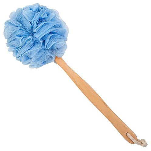 Arswin Loofah Back Scrubber for Shower, Wooden Long Handle Bath Sponge Lufa Shower Brush, Soft Nylon Mesh Back Cleaner Washer, Women & Men Exfoliating Luffa Pouf on a Stick for Body (Blue)