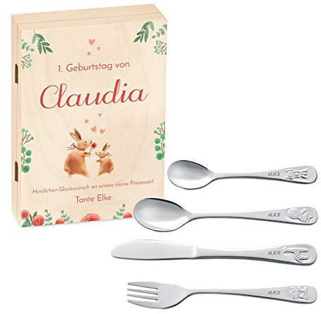 Maverton Kinderbesteck Set mit Gravur + Holzbox mit Aufdruck - mit Tieren - aus Edelstahl - Weihnachtsgeschenke - Braun - Geschenk für Mädchen zum Geburtstag zur Taufe Geburt - Häschen