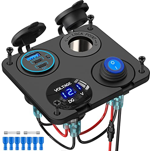 (3-USB) PD USB Steckdose Schalter Panel: Auto Einbau Buchse Dose DC 12 Volt Wasserdicht Stecker Adapter Typ C KFZ Zigarettenanzünder Ladegerät mit LED Voltmeter für iPhone Wohnmobil Boot Wohnwagen