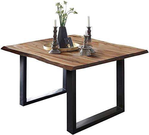SAM Esstisch ULM 90x90 cm Akazie Natur Baumkante U-Gestell schwarz | Baumkantentisch massiv, Akazienholz naturfarben, 26 mm Tischplatte, Esszimmertisch