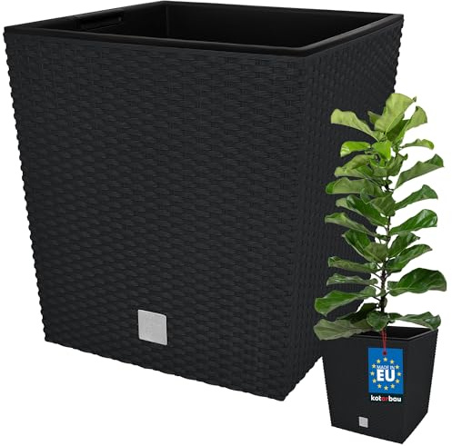 KOTARBAU® Blumentopf mit Einsatz 32x32 cm, Rattanoptik, Kunststoff | Pflanzkübel groß außen, Übertopf 32 L mit Innentopf, für Drinnen & Draußen, Terrassendeko, Blumentöpfe, Anthrazit