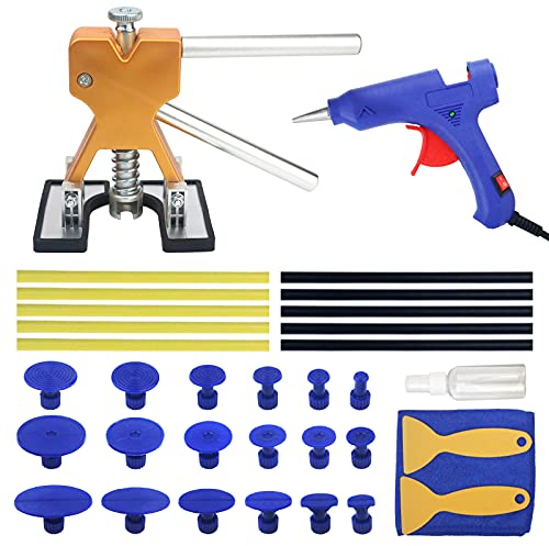 Tosucs Outil Débosselage sans Peinture Kit Débosselage Carrosserie 34 PCS avec Pistolet à Colle,Doré Dent Extracteur,pour Voiture,Réfrigérateur,Moto Corps,Porte (Golden)