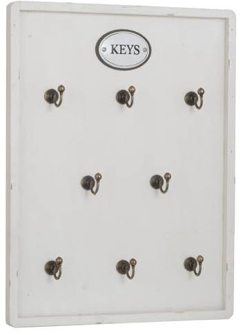 Moritz Schlüsselbrett Holz 8 Haken 36 cm weiß – KEYS Wand Schlüsselboard | Holzboard im Vintage-Look mit acht Metallhaken, für Haus-, Auto-, Keller- und Briefkastenschlüssel im Eingang, Flur und Büro