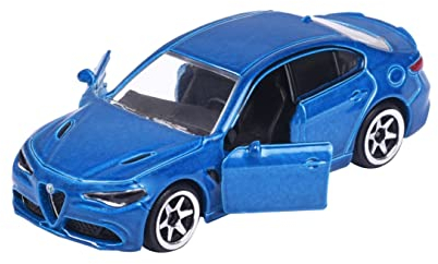 Majorette – Premium Cars – Alfa Romeo Giulia Spielzeugauto (7,5 cm), mit Sammelkarte, Freilauf, zu öffnende Teile und Federung, kleines Modellauto für Kinder ab 3 Jahren, Blau,transparente