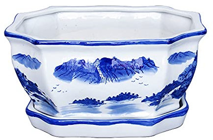 Maceta de cerámica Rectangular Maceta de Porcelana Azul y Blanca con Bandeja Balcón Interior Plantas Verdes Suculentas Banyan Espárragos Bonsai Maceta Cerámica (Size : Large)
