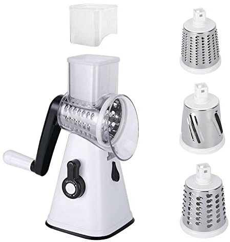 Multifunction Kitchen Vegetable Food Fruit Manual Rotary Drum Grater Slicer Chopper with 3 Stainless Steel Revolving Blades,Easy to Use, Easy to Clean, Easy to Assemble, Easy Replacement