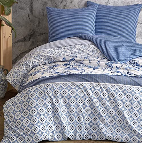 one-home Bettwäsche Set Paisley Streifen Blumen Retro blau weiß Wende Baumwolle Renforce, Größe:4 teilig 155x220 cm - Übergröße