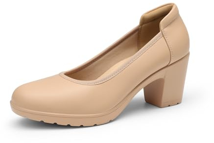 DREAM PAIRS Zapatos Tacón Alto Mujer | Plantilla 3 capas, látex transpirable, forro espuma, tacón bloque 7cm, punta redonda.