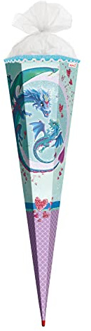 ROTH Grand cornet d'école avec paillettes et bordure à paillettes 85 cm – Dentelle hexagonale Rouge (H) Fermeture en tulle – Sac à sucre dragon
