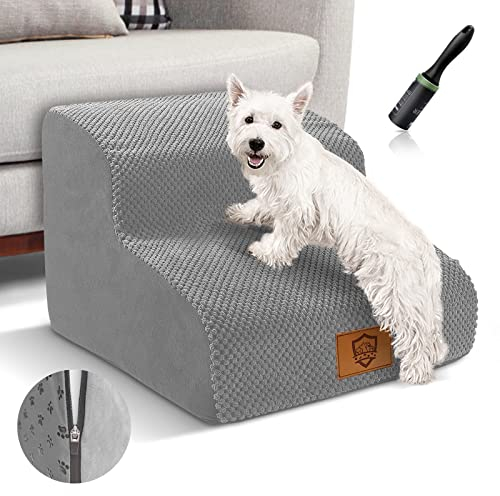 Myiosus Hundetreppe 2 Stufen, Tragbar Haustiertreppe aus Hochdichtem Schwamm für Kleine Hunde, wasserdichte Hunderampe mit Abnehmbare Stoffbezug, rutschfeste Hunde Treppe für Sofa Bett, Grau