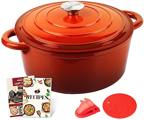 Overmont Olla de Hierro Fundido - Antiadherente Cacerola Holandesa de Esmaltado con Tapa - Ø26 CM Redonda Cacerola Holandesa para Cocinas de Inducción - Naranja