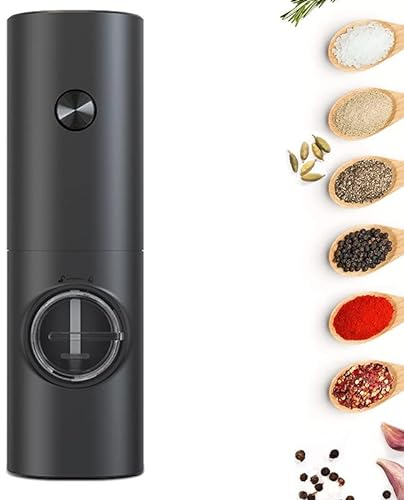 Molinillo eléctrico de pimienta, especias, molinillo de sal, funciona con pilas, luz LED, finura ajustable, adecuado para pimientos, especias, comino (negro)