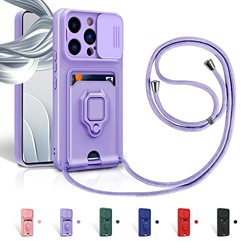 Aithne Case für iPhone 13 Pro Max Handykette Hüll,Slide kameraschutz,Silikon Handyhülle zum Umhängen Kette,360 Grad Ringhalter Stand Kartenfach-Lila