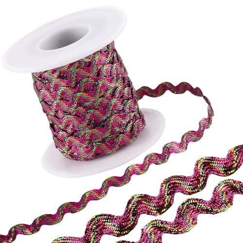 GORGECRAFT 15m X 5mm RIC Rac Trim Wave Bending Fransenbesatz Glitzerndes Geflochtenes Band Mit Grüngoldenem Metalldraht Gewellter Rand Spitze Gewebtes Gurtband Fransen Für Heimwerker Fuchsie