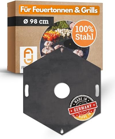 Feuerfest 123 Grillplatte eckig I Ø 98cm I Feuerplatte aus Feinkorn-Stahl I Massive Plancha-Platte mit 4mm Stärke I Grillaufsatz für Feuerschale, Feuertonne, BBQ-Grilltonne & Kugelgrill