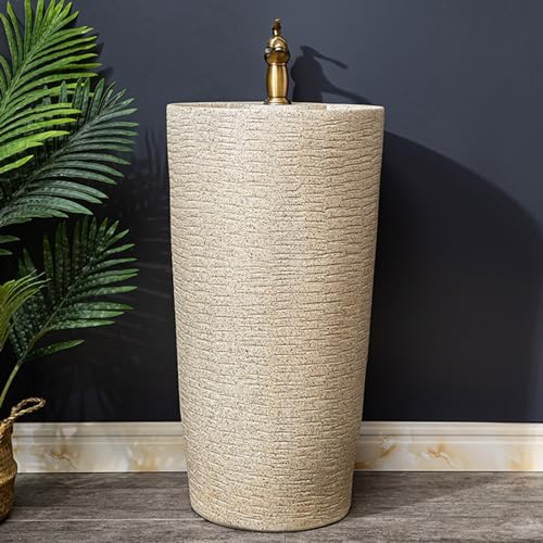 HARELA Waschbecken mit Säule Keramik Standwaschbecken, Keramik-Standwaschbecken für Badezimmer, handgeschnitztes Säulenwaschbecken im Industriestil, Kunstwaschbecken mit heißen und kalten Schläuchen