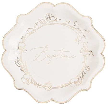 Générique - 8 Assiettes Carton BAPTÊME VÉGÉTAL Or 23CM CRÈME
