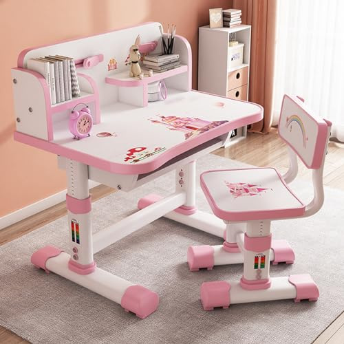 Wizoowip Kinder-Schreibtisch- und Stuhl-Set, höhenverstellbar, mit Schublade, erweiterter Schreibtisch, Cartoon-Bilder mehrere Trennungen, ergonomischer Lerntisch für Mädchen Jungen Kinder (Rosa)