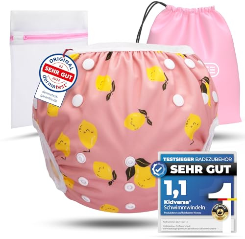 KIDVERSE Schwimmwindel Baby Badehose 0-3 Jahre - Hautfreundliche Schwimmwindeln wiederverwendbar & saugstark - Größenverstellbare Badewindel Baby Schwimmhose Tragetasche & Wäschenetz (Citrons)