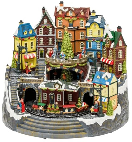 Magie di Natale Villaggio di Natale, Stazione con Trenino in Movimento e Albero di Natale Rotante, h 38 cm, musiche Natalizie
