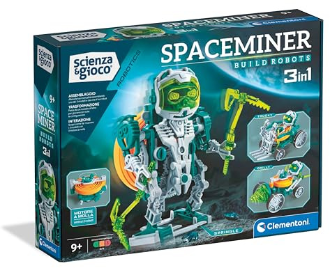 Clementoni Wissenschaft und Spiel Robotics – Space Miner, 3-in-1-Roboter zum Bauen, für Kinder 9+ Jahre, mit Federmotor und dedizierter App für die Montage, italienische Sprache, 19344