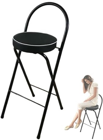 Sgabello da Bar Alto Richiudibile con Schienale, Cuscino Imbottito Rotondo, 65/70/75cm Sedia da Cucina Pieghevole per Adulti(Zwart,70cm/28in)
