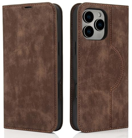 QLTYPRI Hülle für iPhone 16 Pro Kompatibel mit MagSafe, Ledertasche Handyhülle [RFID Schutz] Flip Case mit Kartenhalter Ständer Magnet Klapphülle für iPhone 16 Pro (6.3 Zoll) - Braun