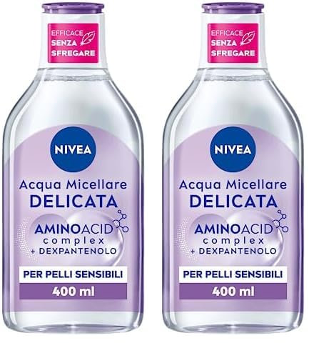 NIVEA MicellAIR 5in1 Acqua Micellare Delicata 400 ml, Struccante viso e occhi dall'azione lenitiva, Detergente viso pelle sensibile per una detersione profonda e delicata (Confezione da 2)